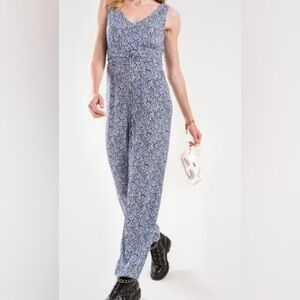 New Mi Ami Francescas Sleeveless Blue Floral Jumpsuit wide Leg Pockets Size Smal